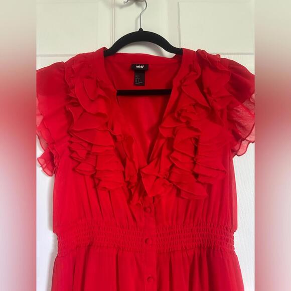 H&M Vibrant Red Midi Dress with Ruffles - Picture 3 of 4